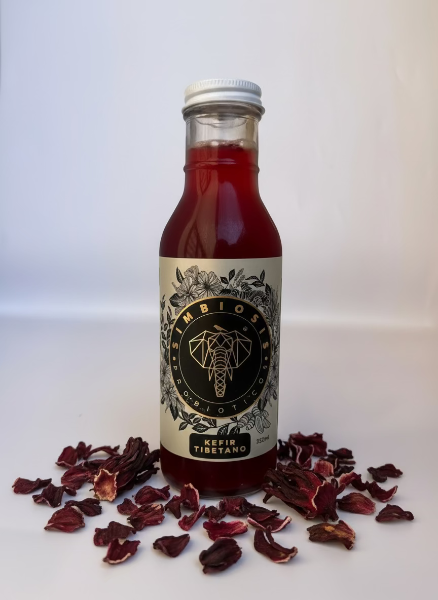 Bebida de kéfir tibetano fermentado con jamaica, refrescante y probiótica