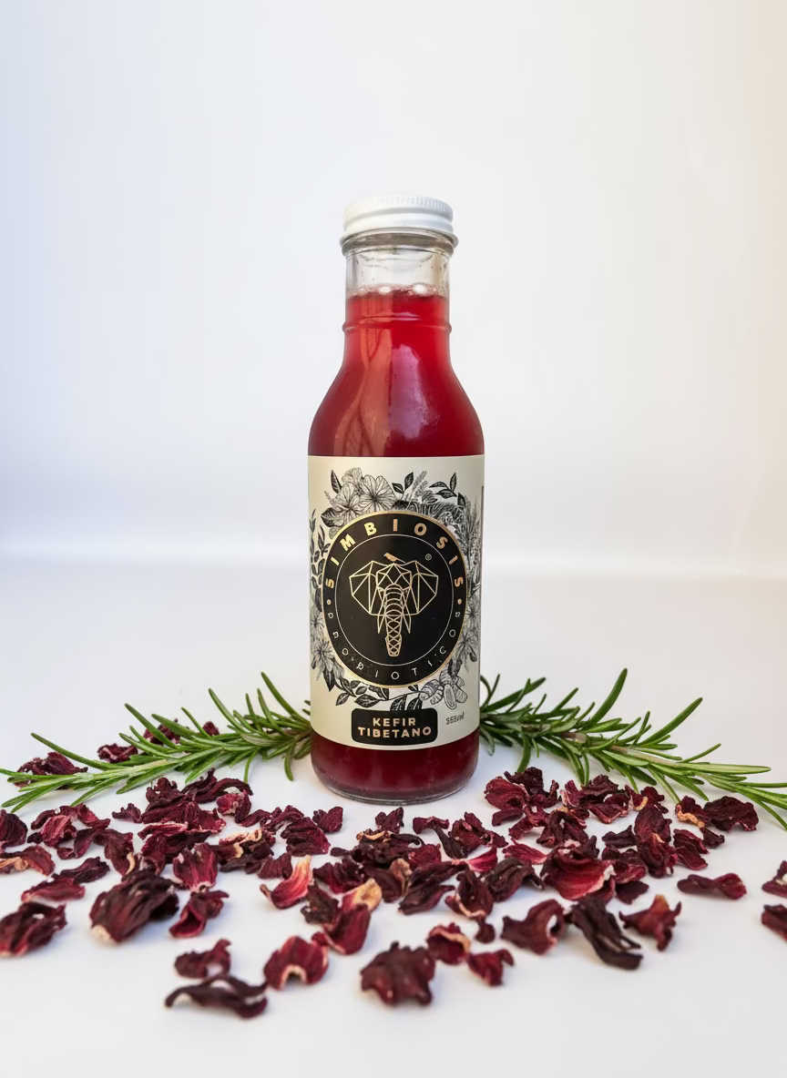 Bebida de kéfir tibetano fermentado con jamaica y romero, refrescante y probiótica.