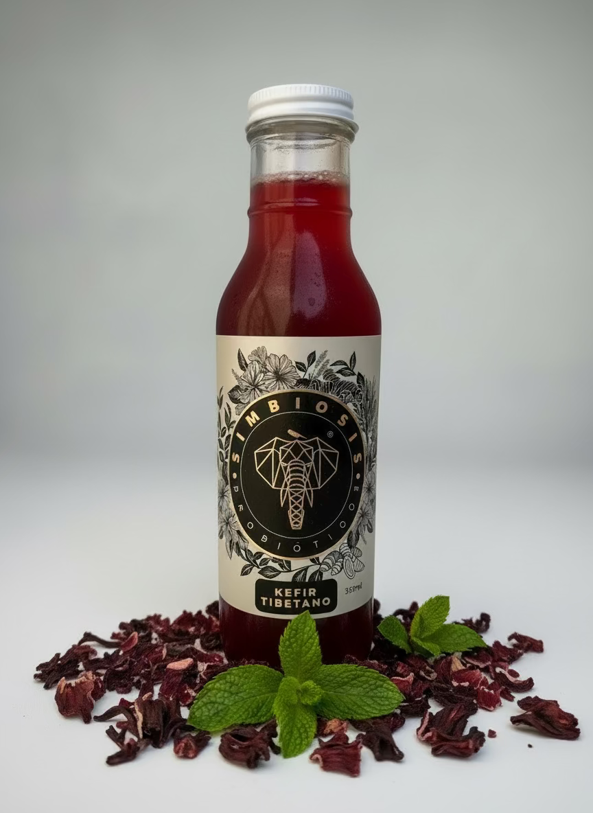 Bebida de kéfir tibetano fermentado con jamaica y menta, refrescante y probiótica.
