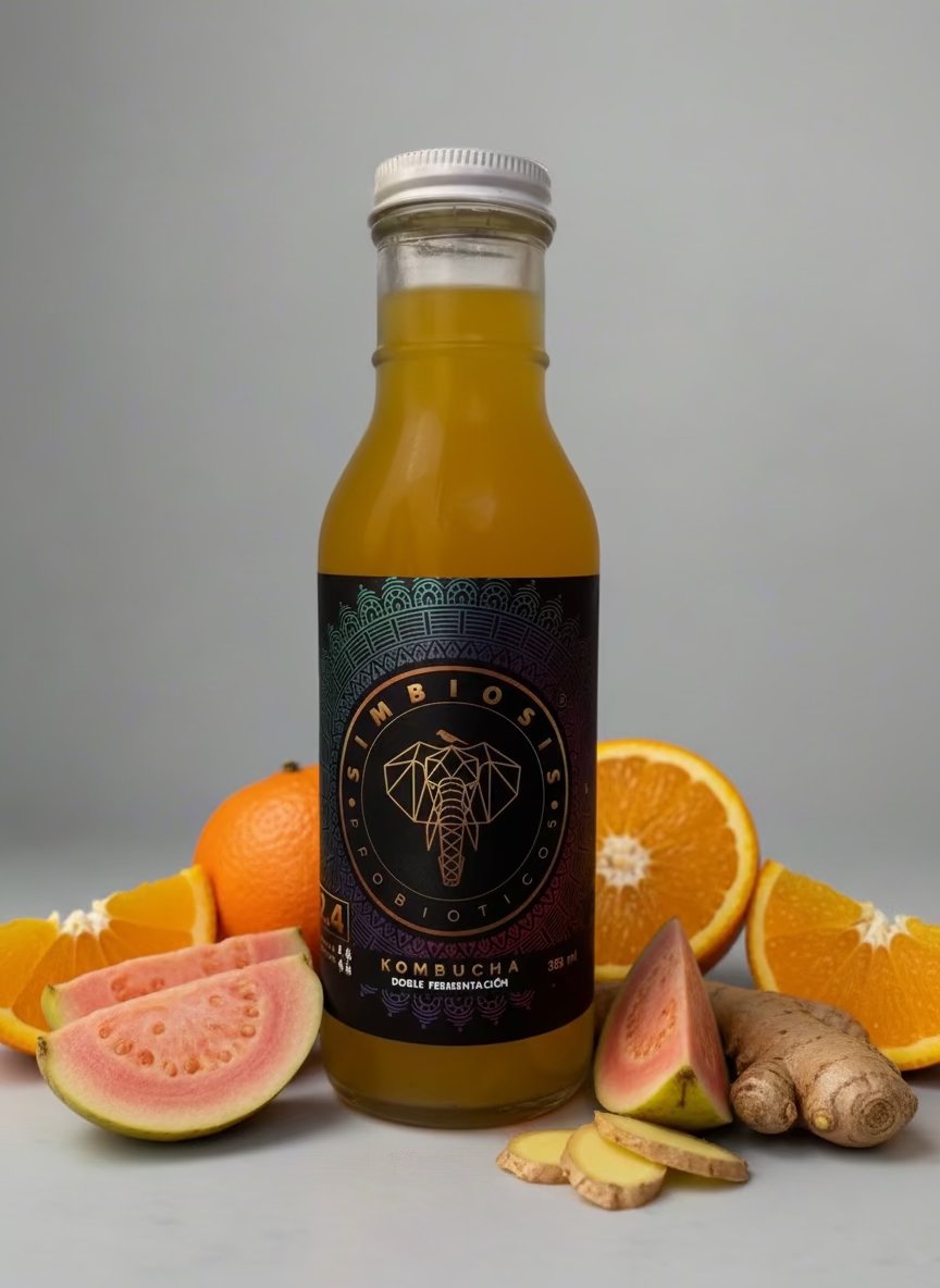 Kombucha fermentada con naranja, bebida probiótica natural y refrescante