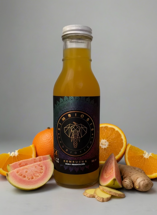 Kombucha fermentada con naranja, bebida probiótica natural y refrescante